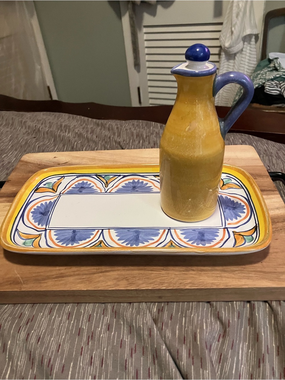 Hand-Painted Ceramic Rectangular Tray and Cruet